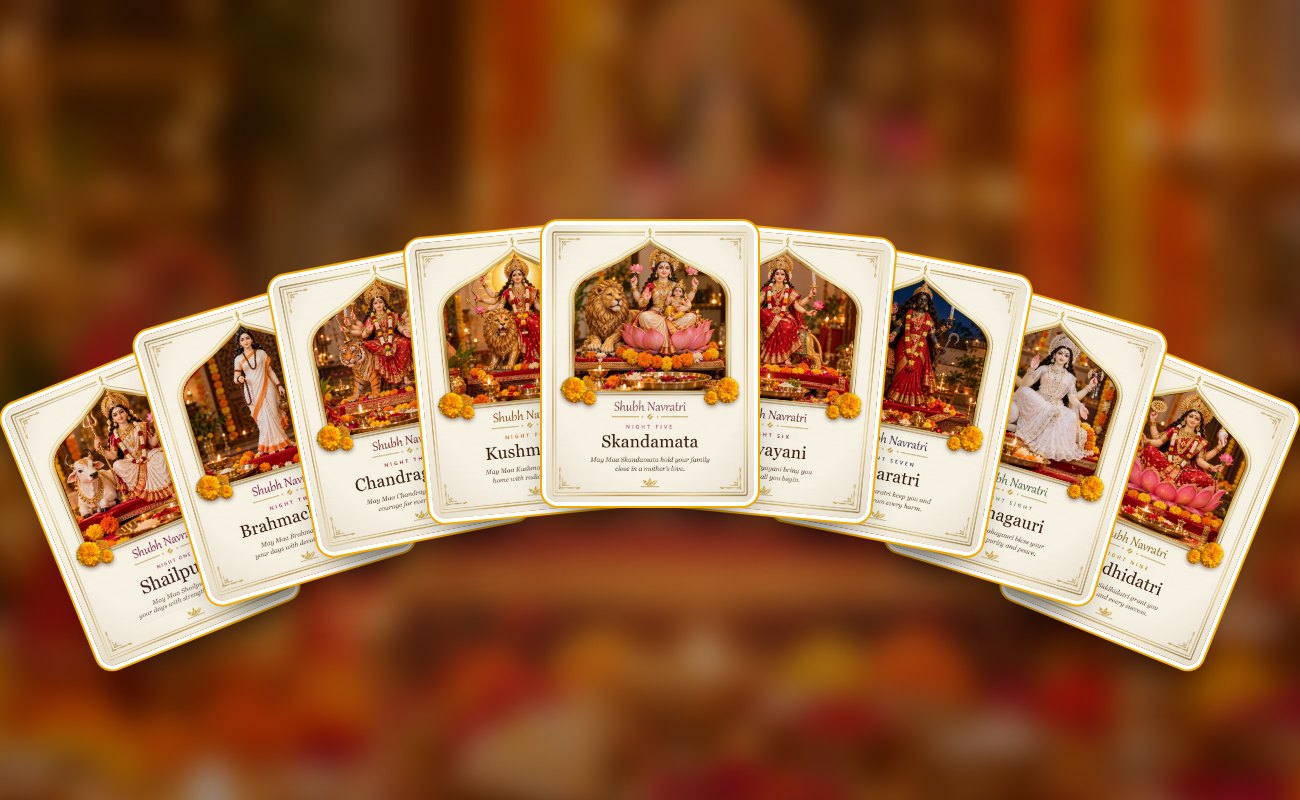 All nine Diwali cards fanned out, one for each form of the Goddess from Shailputri to Siddhidatri