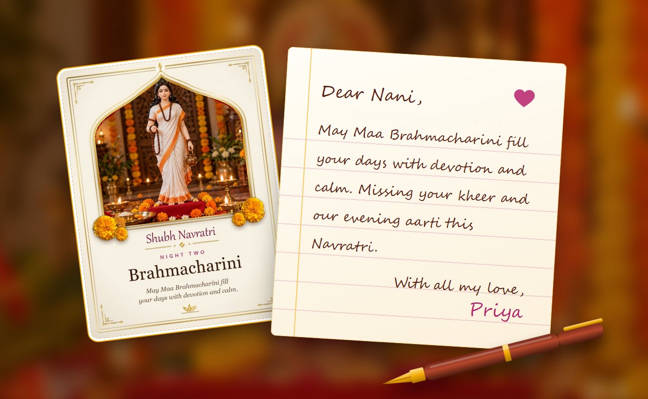 A Night Two Brahmacharini card beside a handwritten note to Nani, signed with love by Priya