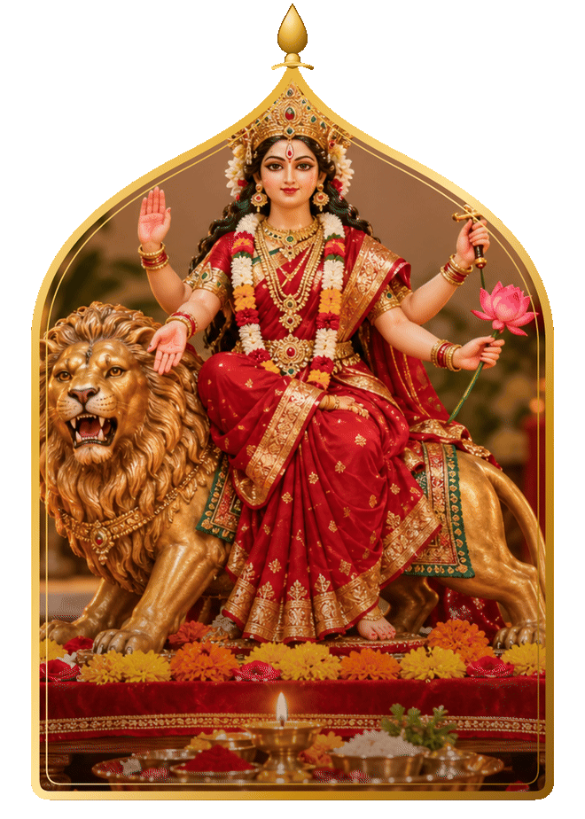 Maa Durga seated on her lion inside a golden temple arch, with marigolds and a lit diya